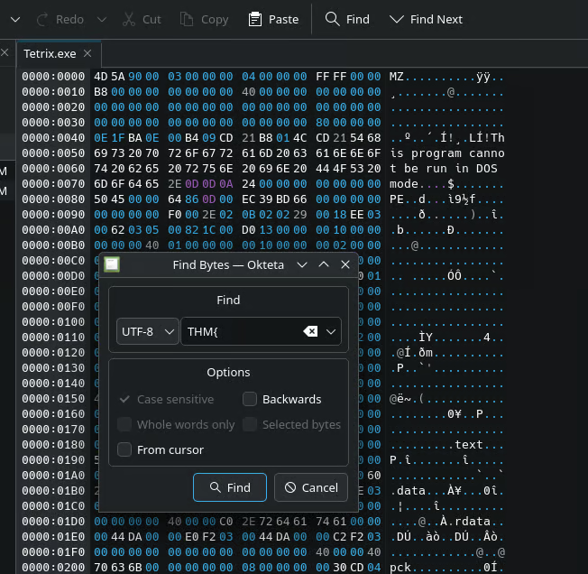 Tetrix.exe open in the Okteta hex editor with the Find Bytes dialog searching for THM{