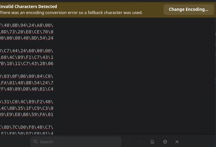 tetrix.exe opened in a text editor, showing hex bytes separated by backslashes and an encoding error banner